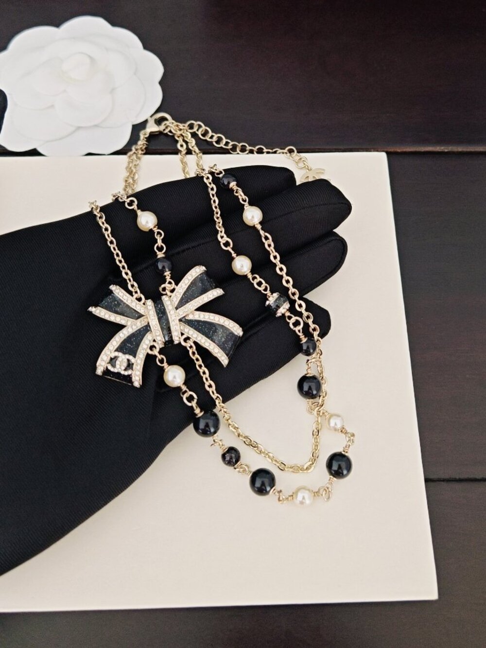 Chanel Gold Chain Bow Bead Pearl Necklace
